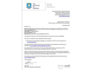 恭喜吴同学获得谢菲尔德大学国际营销管理专业硕士通知书