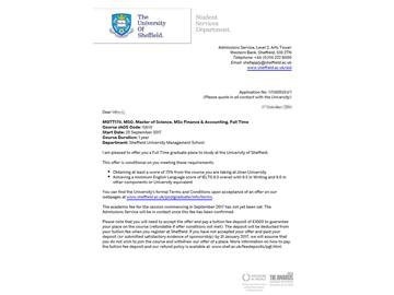 恭喜方同学获得谢菲尔德大学金融与会计专业硕士通知书
