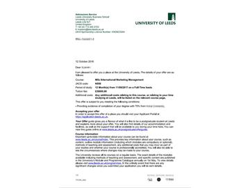 恭喜朱同学获得利兹大学国际营销管理专业硕士通知书