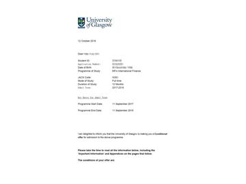 恭喜钱同学获得格拉斯哥大学国际金融专业硕士通知书