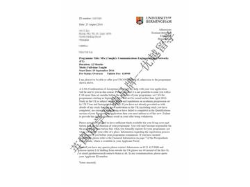 恭喜吴同学获得伯明翰大学通信工程与网络专业硕士通知书