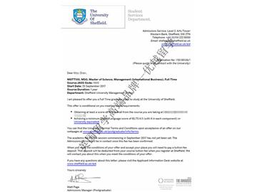 恭喜钱同学获得谢菲尔德大学管理学专业硕士通知书