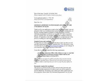 恭喜冯同学获得巴斯大学对外英语教学专业硕士通知书