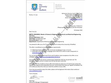 恭喜郑同学获得谢菲尔德大学电子电气工程专业硕士通知书