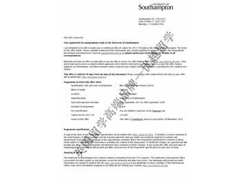 恭喜吴同学获得南安普顿大学会计与管理专业硕士通知书