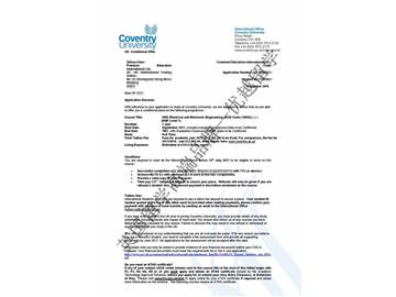 恭喜孙同学获得考文垂大学电子电气工程专业硕士通知书