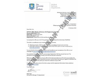 恭喜于同学获得谢菲尔德大学土木工程专业硕士通知书