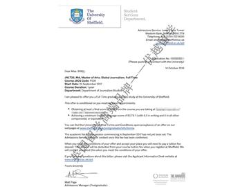 恭喜陈同学获得谢菲尔德大学全球新闻专业硕士通知书