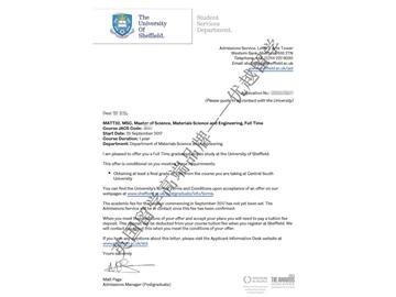 恭喜安同学获得谢菲尔德大学材料科学与工程专业硕士通知书
