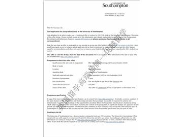 恭喜丁同学获得南安普顿大学国际银行与金融研究专业硕士通知书