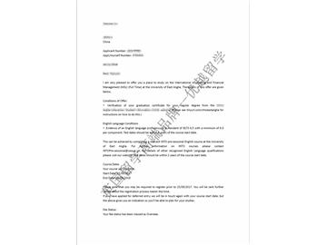恭喜刘同学获得东英格利亚大学国际会计与金融管理专业硕士通知书