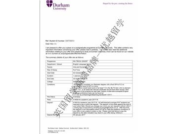 恭喜孙同学获得杜伦大学对外英语教学专业硕士通知书