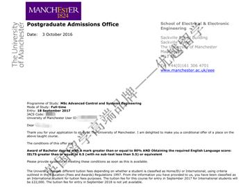 恭喜苏同学获得曼彻斯特大学高级控制与系统工程专业硕士通知书