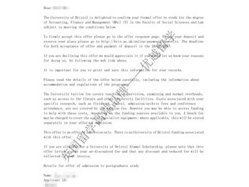 恭喜江同学获得布里斯托大学会计、金融与管理专业硕士通知书