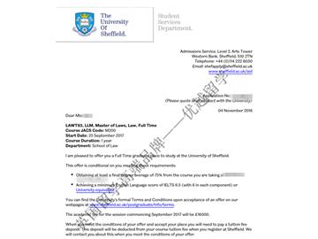  恭喜牛同学获得谢菲尔德大学法律专业硕士通知书