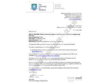 恭喜丁同学获得谢菲尔德大学电子电气工程专业硕士通知书