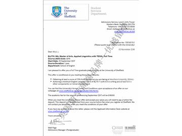 恭喜赵同学获得谢菲尔德大学对外英语教学及应用语言学专业硕士通知书