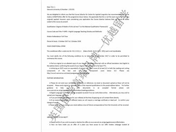 恭喜谢同学获得华威大学英语语言教育专业硕士通知书