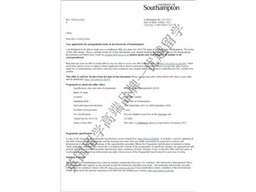 恭喜张同学获得南安普顿大学营销管理专业硕士通知书
