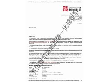 恭喜吴同学获得布里斯托大学经济、会计与金融专业硕士通知书