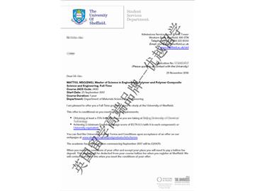 恭喜杨同学获得谢菲尔德大学高分子与高分子复合材料工程专业硕士通知书