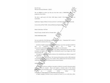 恭喜方同学获得华威大学高等机械工程专业硕士通知书