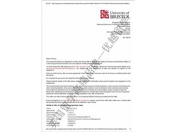 恭喜袁同学获得布里斯托大学金融与投资专业硕士通知书