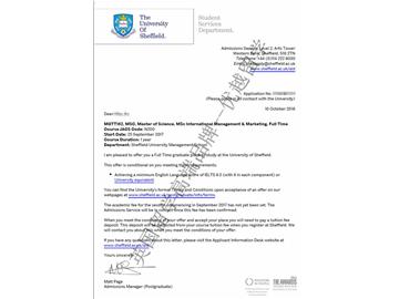 恭喜蔡同学获得谢菲尔德大学国际管理与市场营销专业硕士通知书