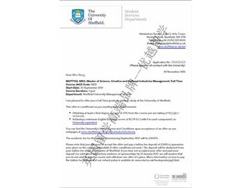 恭喜丁同学获得谢菲尔德大学创意与文化产业管理专业硕士通知书