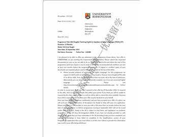 恭喜毛同学获得伯明翰大学对外英语教学专业硕士通知书
