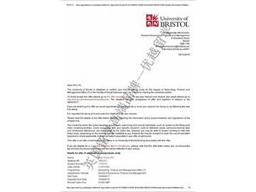 恭喜薛同学获得布里斯托大学会计、金融与管理专业硕士通知书