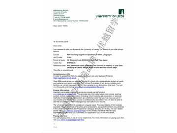 恭喜周同学获得利兹大学对外英语教学专业硕士通知书