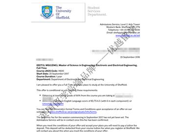 恭喜顾同学获得谢菲尔德大学电子电气工程专业硕士通知书