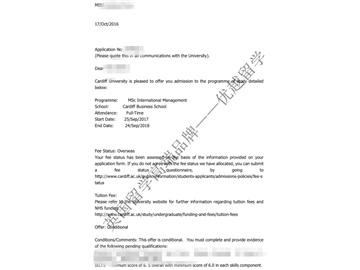 恭喜李同学获得卡迪夫大学国际管理专业硕士通知书