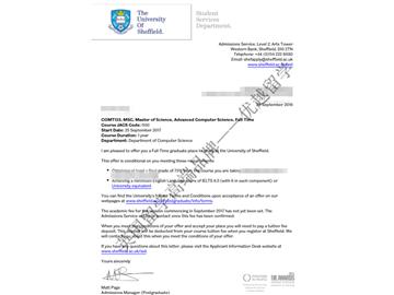 恭喜刘同学获得谢菲尔德大学高等计算机科学专业硕士通知书