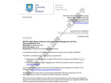 恭喜邢同学获得谢菲尔德大学人力资源管理专业硕士通知书