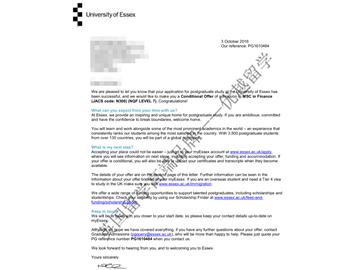 恭喜马同学获得埃塞克斯大学金融专业硕士通知书