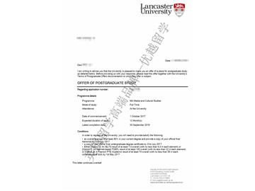恭喜陈同学获得兰卡斯特大学媒体与文化研究专业硕士通知书