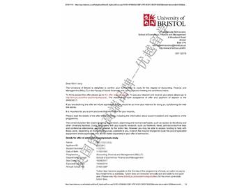 恭喜季同学获得布里斯托大学会计、金融与管理专业硕士通知书
