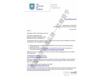 恭喜吴同学获得谢菲尔德大学城市设计专业硕士通知书