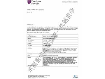 恭喜张同学获得杜伦大学会计专业硕士通知书