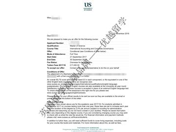 恭喜张同学获得苏塞克斯大学国际会计与企业管理专业硕士通知书