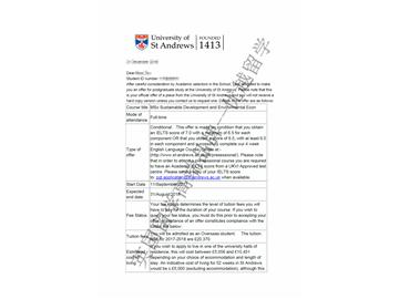 恭喜苏同学获得圣安德鲁斯大学可持续发展与环境经济学专业硕士通知书