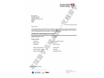恭喜朱同学获得兰卡斯特大学计量金融专业硕士通知书