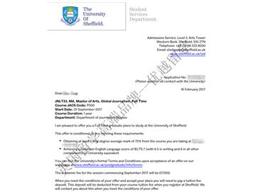 恭喜贾同学获得谢菲尔德大学全球新闻学专业硕士通知书