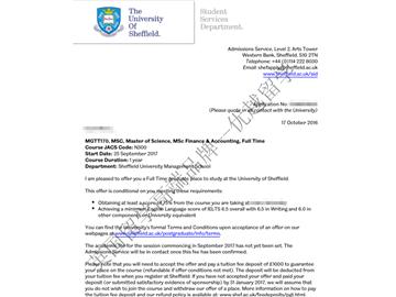 恭喜马同学获得谢菲尔德大学金融与会计专业硕士通知书