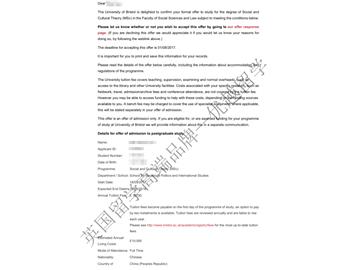 恭喜方同学获得布里斯托大学社会与文化理论专业硕士通知书