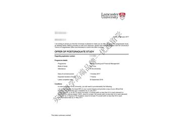 恭喜袁同学获得兰卡斯特大学会计与财务管理专业硕士通知书