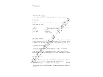 恭喜章同学获得卡迪夫大学国际经济、银行与金融专业硕士通知书