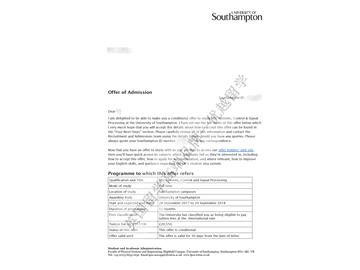 恭喜江同学获得南安普顿大学系统控制与信号处理专业硕士通知书